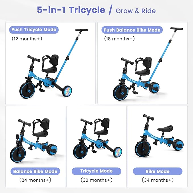 5-in-1 Tricycle for Toddlers 1-3, Convertible Toddler Bike with Push Handle & Removable Pedals, Balance Bike with Colorful Lighting Wheels, Adjustable Seat Height with Backrest(Blue)