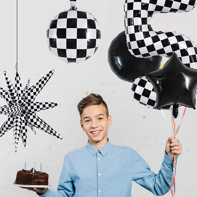 TONIFUL 40 Inch Checkered 5th Birthday Balloons Set Number 5 Race Car Black White Checkered Round Explosion Star Balloons Boys Race Car Themed Birthday Party Decoraction
