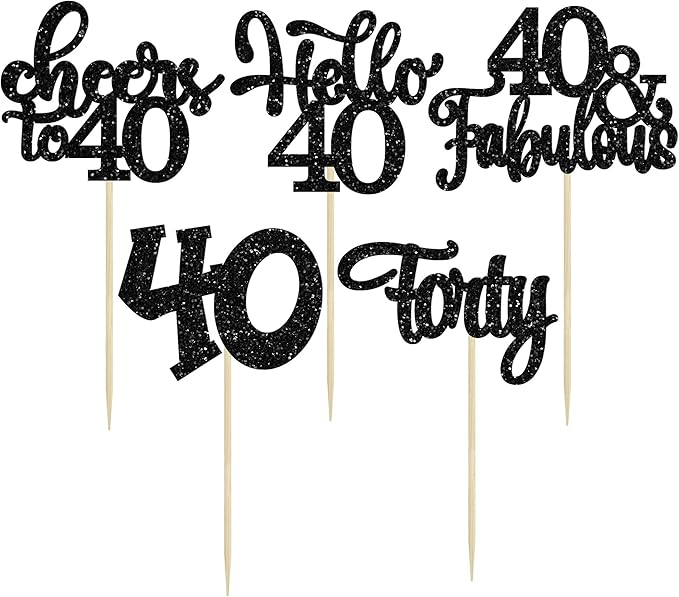 30pcs Happy 40th Birthday Cupcake Toppers - Black Glitter Forty Cheers to 40 Years Old Cupcake Picks for Anniversary Party Cake Decorations