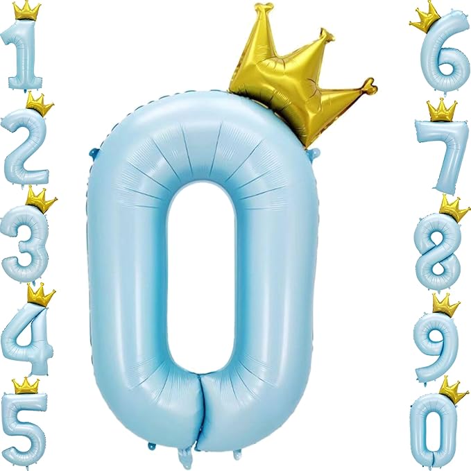 Giant Pale Blue 0 Number Crown Balloons 40 Inch Light Blue 0 Mylar Helium Large Crown Digital Balloon Baby Blue Birthday Numbers Balloons 10th Birthday Kids Theme Party Decoration Supplies