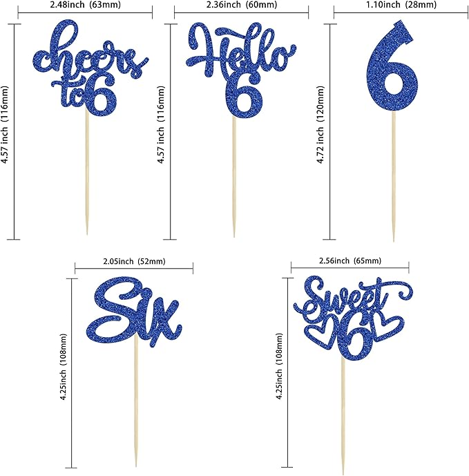 30Pcs 6th Birthday Cupcake Toppers Glitter Six Hello 6 Cupcake Picks Cheers to 6 Years Old Cake Decorations for 6th Birthday Party Supplies Deep Blue