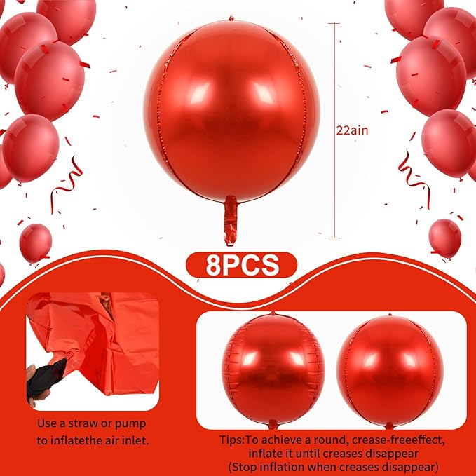 TONIFUL 8Pcs Large Red 4D Giant Round Foil Balloon 22inch Big Mirror Metallic Mylar Sephere Balloons for Christmas New Year Birthday Party Graduation Wedding Baby Shower Decoration Supplies