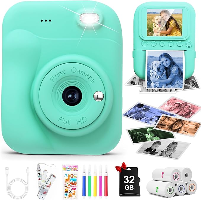 Kids Camera Instant Print Camera for Kids, Toddler Camera Toys for 3 4 5 6 7 8 Year Old Girls Boys Christmas Birthday Gifts, Kids Digital Camera Instant Print Color Photos 5 Rolls Paper 32GB, Green