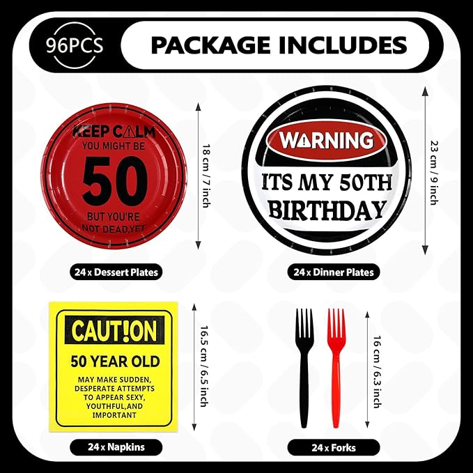 96Pcs 50th Birthday Decorations Caution Logos Wall 50th Birthday Plates and Napkins Over the Hill 50th Birthday Decoration for Him Men Women Funny You're 50 Years Old Birthday Party Supplies Serve 24