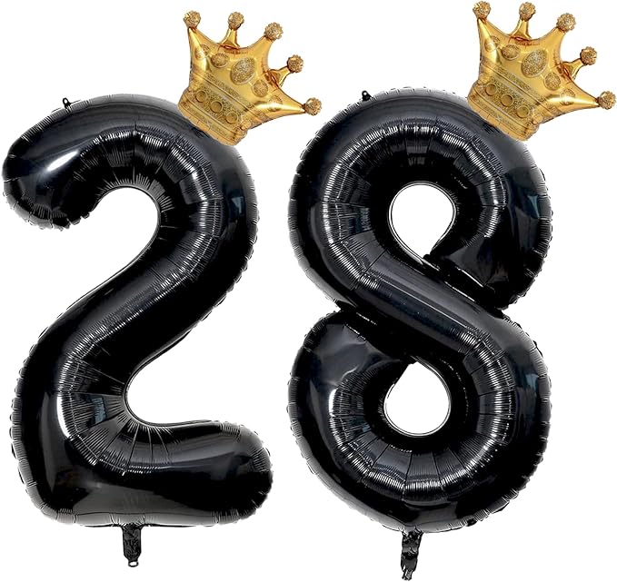 40 inch Large Black 28 Balloon Number with Gold Crown Balloons 28th Birthday Big Foil Mylar Helium Balloon for Boys Girls 28th Birthday Anniversary Decorations Supplies Favors(Number 28 Balloons）