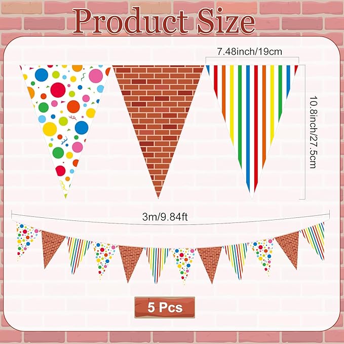 Jetec 5 Pcs 49 Ft Cartoon Friends Birthday Party Decorations Pennant Banner Red Brick Triangle Bunting Flags Green Blue Red Theme Party Supplies for Indoor Outdoor Hanging Decor Favors