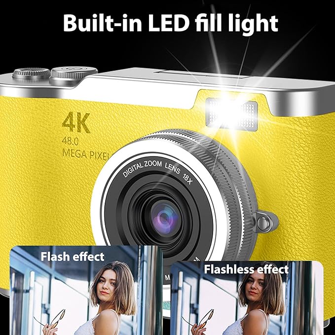 Denash Foldable Screen Kids and Beginners Camera,4K Digital Camera for Photography,48MP Digital Foldable Support 16X Zoom with Flip Scree (Yellow)
