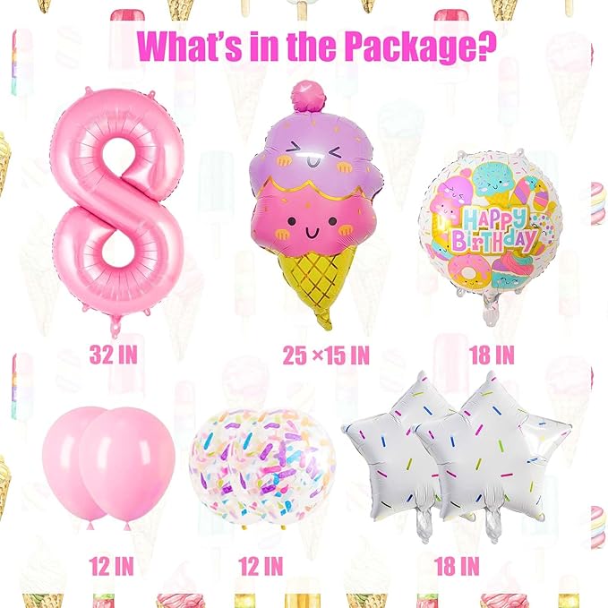 Pink Ice Cream Balloons, Number 8 Balloon, 8th Birthday Decorations for Girls, Ice Cream Balloon for Girls Birthday Party Decoration (8)