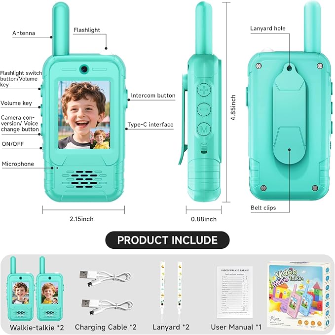 Video Walkie Talkies for Kids, 2 Pack Rechargeable Kids Walkie Talkies Long Range with Flashlight Outdoor Christmas Birthday Toddler Toys Gifts for 3-12 Year Old Boys Girls for Outside, Camping Travel