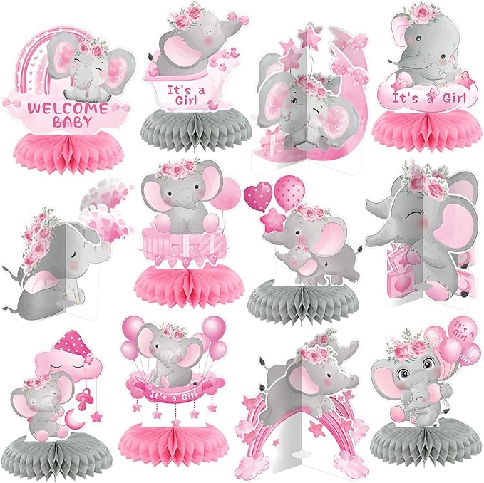 12 Pcs Pink Elephant Baby Shower Decorations Honeycomb Centerpieces Elephant Baby Shower Table Decoration Balloon Moon Flowers Table Topper for Birthday Party Favors Supplies