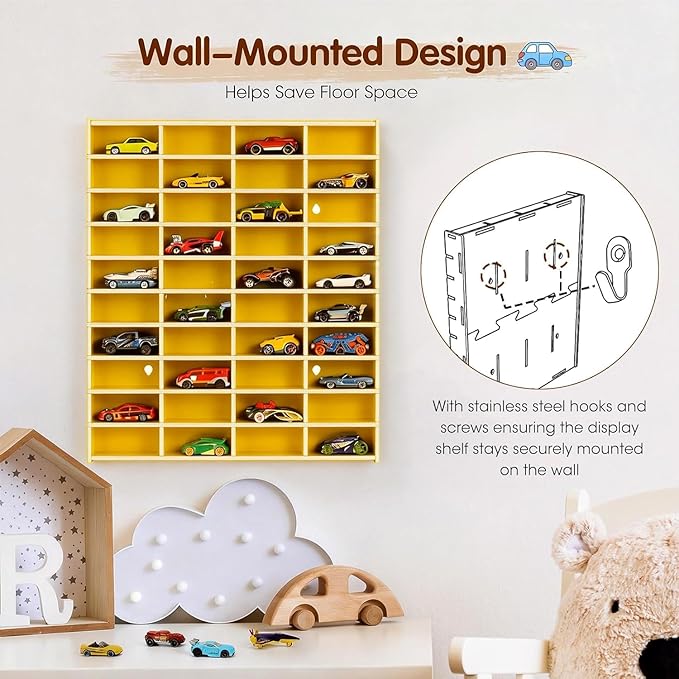 Toy Car Display Shelf, Holds 40 Diecast 1/64 Toys Car, Wall Mount Model Cars Storage Organize Case (Yellow 1/64 Toy Car Display Shelf)