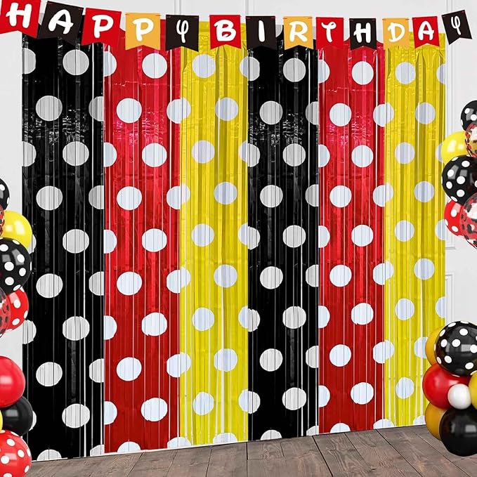 Red Black Yellow Foil Fringe Curtains Birthday Decorations, 2 Pack 3.2x6.6ft Mouse Color Tinsel Streamers Backdrop Baby Shower Cartoon Mouse Birthday Party Decorations Supplies