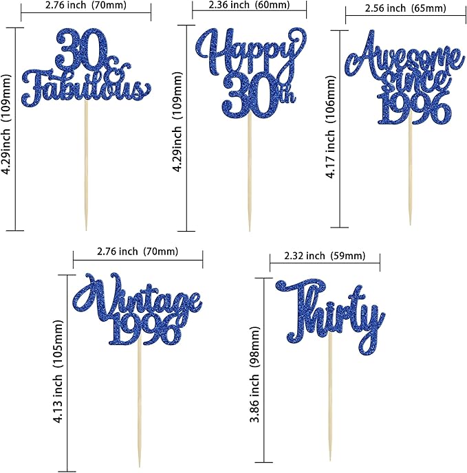 Ephlyn 30Pcs Happy 30th Birthday Cupcake Toppers Glitter Thirty Vintage 1996 Cupcake Picks Cheers to 30 Fabulous Cake Decorations for 30th Birthday Wedding Anniversary Party Supplies Dark Blue