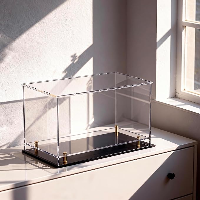 Acrylic Display Case for Collectibles, Dustproof Acrylic Box with Clear Display Elevation & Gold Risers, Large Display Case for Figures Toys Memorabilia, 12" L x 8" W x 9.6" H