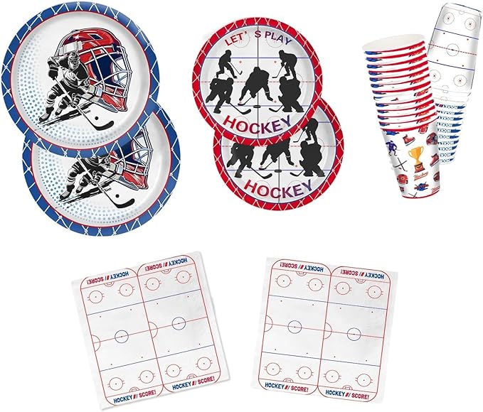 104 PCS Hockey Party Table Supplies Kit Serve 26, Includes Dinner Plates, Dessert Plates, Napkins, Cups for Ice Hockey Birthday Party Sport Events Decorations Favors