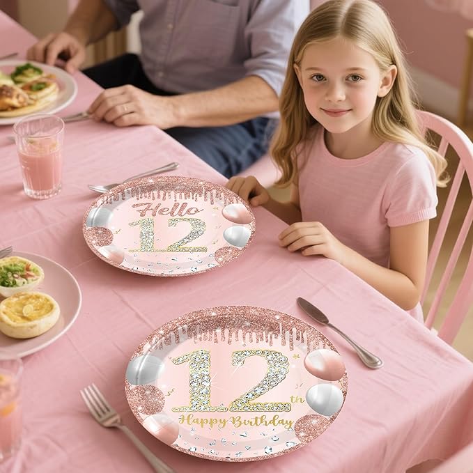 201 Pcs 12th Birthday Decorations for Girls, Pre-assembled Happy 12th Birthday Banner Cake Topper Rose Gold Plates and Napkins Party Supplies with 2 Pcs 12 Birthday Tablecloth for 12 Year Old Girl