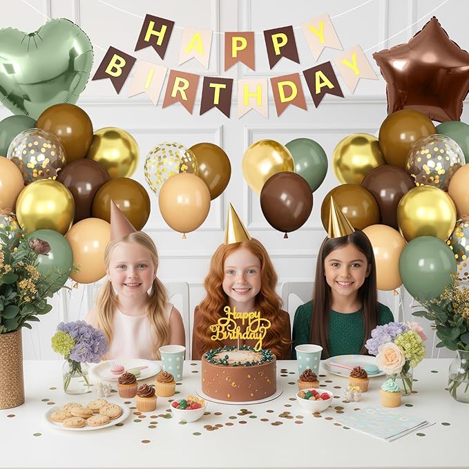 Sage Green Brown Birthday Decorations,Coffee Nude and Gold Jungle Safari Balloons Camo Army Woodland Forest Hunting Birthday Party Decorations Animal Theme Kids Birthdays Decor
