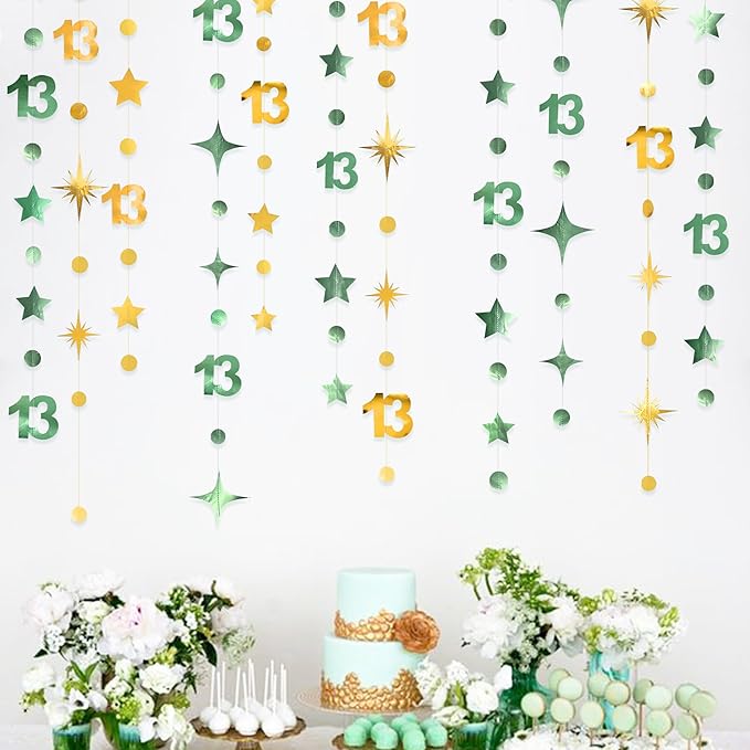Sage Green Gold 13th Birthday Decorations Number 13 Circle Dot Twinkle Star Garland Glitter Hanging Streamer Banner Backdrop Girls Boys Cheers to 13 Years Old Birthday Official Teenager Party Supplies