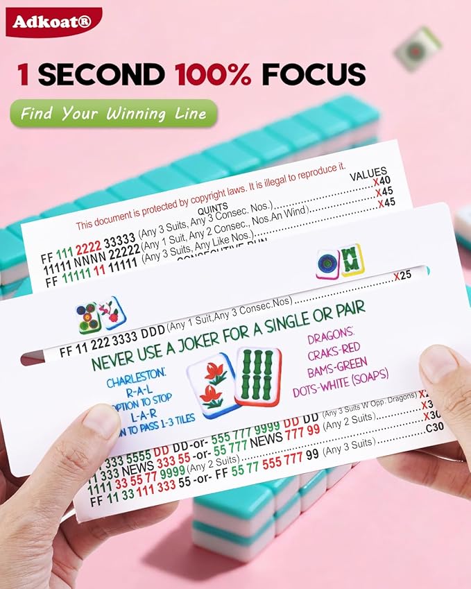 Adkoat® 4PCS Mahjong Line Finder & Mah Jongg Card Line Marker Reader Tracker - Mahj Accessories and Gifts - ADHD Dyslexia Overlays Guided Reading Tool - American Mahjong Rules Printed for Beginner