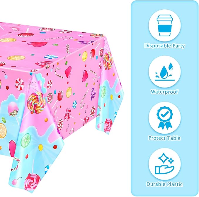 4 Pieces Candyland Plastic Tablecloth Candyland Sweet Party Decorations Colorful Lollipop Pink Table Covers for Candy Land Birthday Baby Shower Sweet Party Supplies