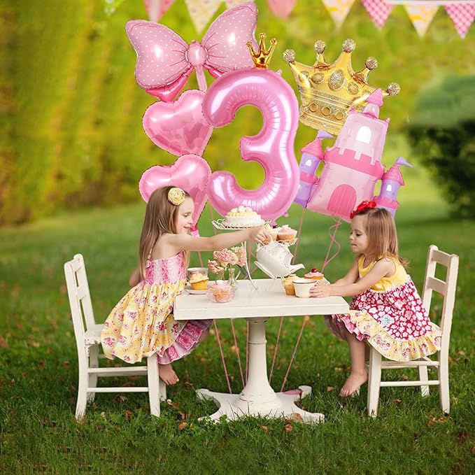 Princess Balloons for 3rd Birthday Decorations for Girls Pink Castle Balloons Large Pink Crown Number 3 Balloon for Princess Birthday Party Decor Supplies