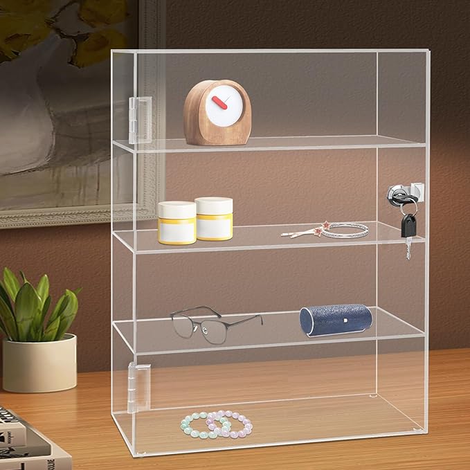 Clear Acrylic Display Case,4 Layer Transparent Countertop Showcase,Protection Showcase with Lock for Toy Collectibles Office Retail Store Safe Storage Sunglasses Toys (11.81*5.9*15.75 Inch)