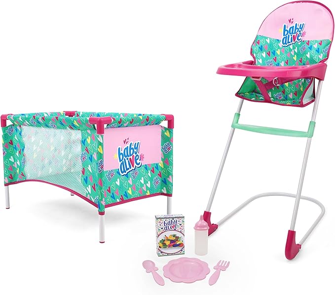 Baby Alive: at Home Set - 7pcs - Green, Pink, Hearts - Play Yard, Highchair, Feeding Accessories, Playset for Dolls Up to 18", Kids Toy, Ages 3+
