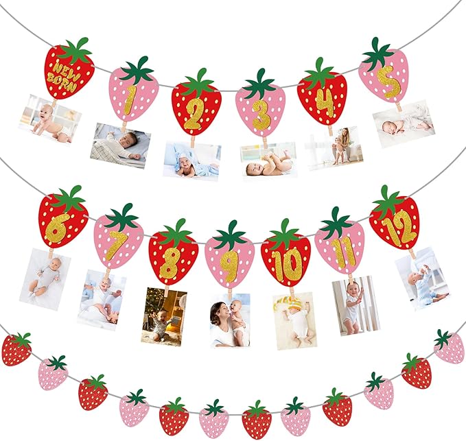 Strawberry First Birthday Party Decoration Berry 1st Monthly Photo Banner Milestone Photograph Bunting Garland for Baby Girl 12 Months Photo Display Baby Shower Berry Party Decorations Supplies