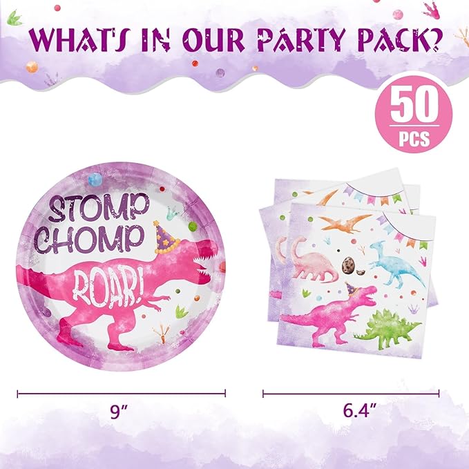 WERNNSAI 100 PCS Dinosaur Plates and Napkins - Dinosaur Birthday Party Supplies Dino Paper Plates Napkins Disposable Dino Them Party Decorations for Girls Kids Birthday Baby Shower Serves 50 Guests