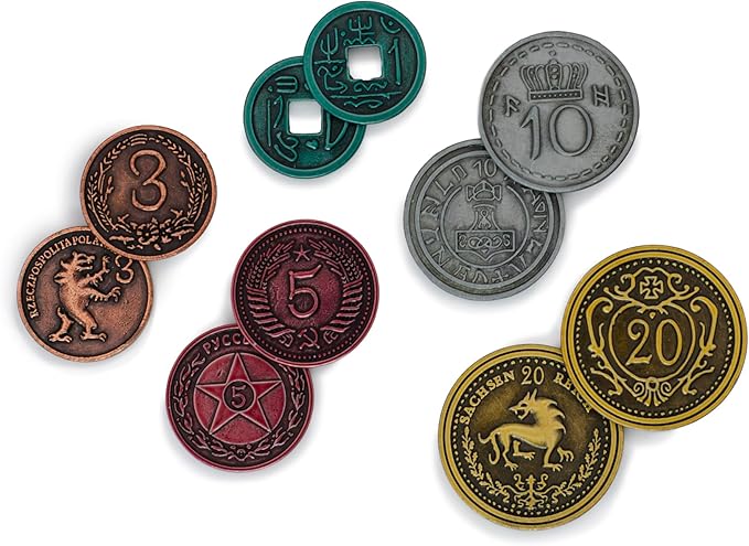 Stonemaier Games: Metal Coins (Scythe and Expeditions) | Metal Coins to Enhance Your Gameplay | 80 Coins with Unique Colors and Sides for Each Denomination - Values Include 1, 3, 5,10, and 20