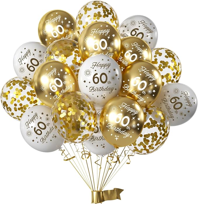 White Gold 60th Birthday Balloons Pack of 15 Men Women Happy 60th Birthday Party Deocorations Supplies Men Women Happy 60th Birthday Ballloons Latex Confetti Balloons 12inch & Ribbon