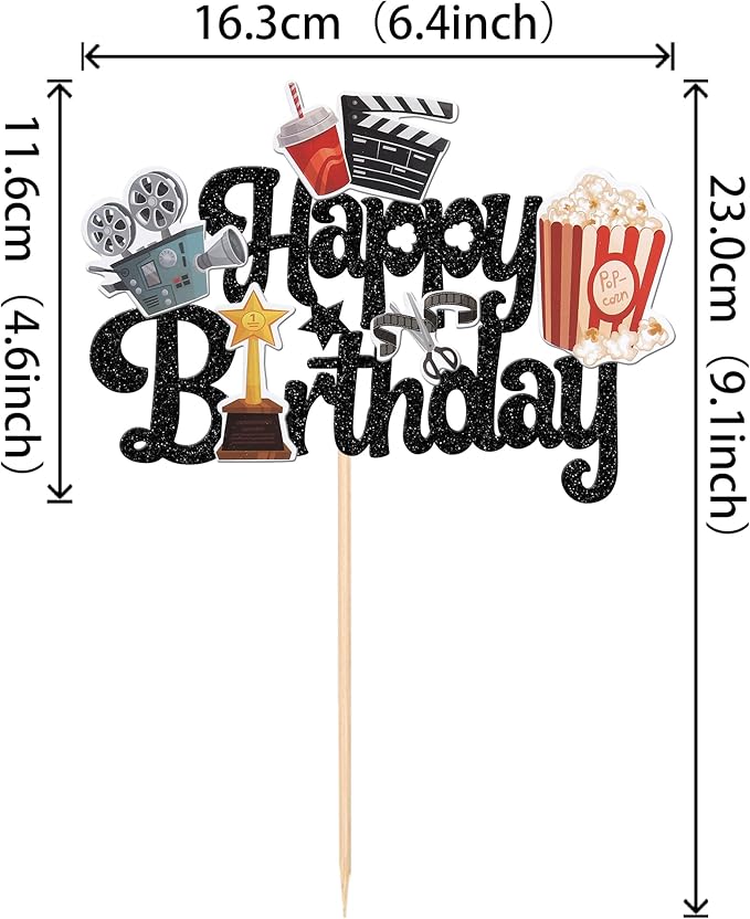 1 PCS Movie Happy Birthday Cake Topper Glitter Roll Camera Video Recorder Popcorn Movie Night Cake Pick for Hollywood Theme Family Film Baby Shower Birthday Party Cake Decorations Supplies Black