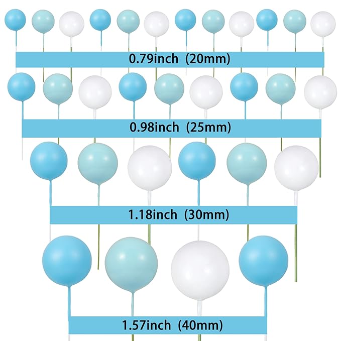 Gyufise 30Pcs Colorful Balls Cake Topper Mini Balloon Cupcake Toppers DIY Foam Ball Cake Insert Decoration for Wedding Baby Shower Birthday Party Decorations Supplies Deep Blue Light Blue White