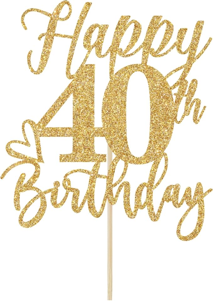 Happy 40th Birthday Cake Topper, 40th Birthday Party Decorations, Cheers to 40 Years, 40th Funny Happy Birthday Party Supplies Gold Glitter