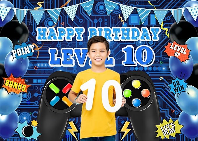 Game Theme Level 10 Birthday Backdrop Video Game Happy 10th Birthday Party Decorations Level Up Theme Boys Kids Birthday Party Supplies(7×5FT)