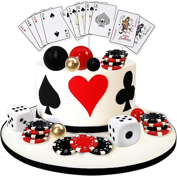 29PCS Casino Cake Decoration Dice Poker Chips Cupcake Cake Topper Set Ball Cake Topper Playing Card Game Theme Picks for Las Vegas Scene Birthday Party Decoration Supplies