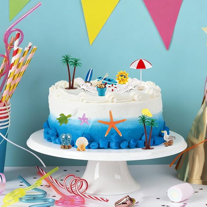 Hooqict 19Pcs Beach Cake Decorations Set with Mini Coconut Tree, Seashell, Sea Animals, Pool Beach Cake Toppers & Cupcake Toppers for Summer Tropical Hawaiian Luau Birthday Party Decorations Supplies