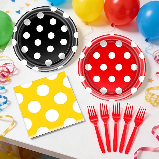 Red And Yellow Polka Dots Party Paper Plates and Napkins Set Polka Dots Party Cake Dessert Plates Kids Birthday Gatherings Decorations