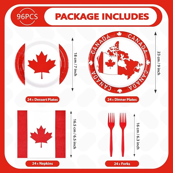 96Pcs Canadian Flag Party Supplies Canada Day Plates and Napkins Tableware Sets Red and White Canada Birthday Decorations for Canadian Theme Family Gathering Party Favors Decor Serves 24