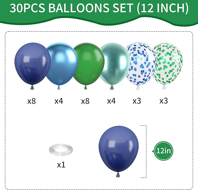 Blue and Green Balloon Set, 12 Inch Navy Blue Dark Green Balloons Metallic Chrome Ballons, Confetti Green Blue Balloons for Jungle Safari Theme Boys Birthday Party Decorations