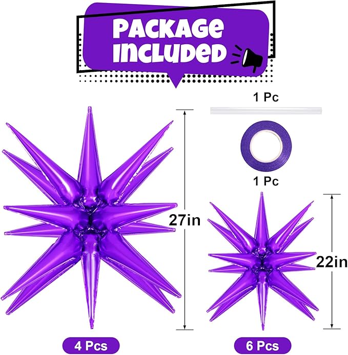 10 Pcs Purple Star Balloons Explosion Starburst Balloons Foil Cone Balloon Magic for Birthday Wedding Anniversary Party Backdrops Decorations Supplies, 6 Pcs 22Inches and 4 Pcs 27Inches