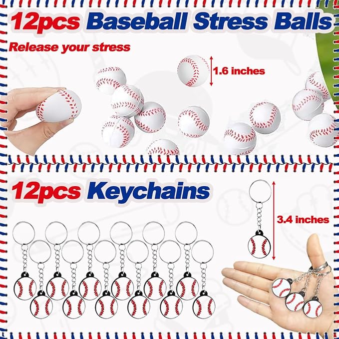 134 PCS Baseball Party Favors, 12 Set Goodie Bag, Mini Stress Balls, Baseball Stickers, Rubber Bracelets, Keychain, Tattoo Stickers, Slap Bracelets, Whistle for Baseball Themed Party Supplies