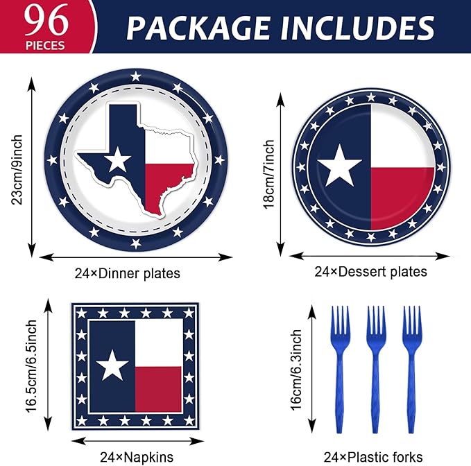 gisgfim 96Pcs Texas State Flag Party Supplies Paper Plates Napkins Texas State Theme Party Tableware Set Texas State National Party Decorations Favors for Family Gathering Dining Serves 24