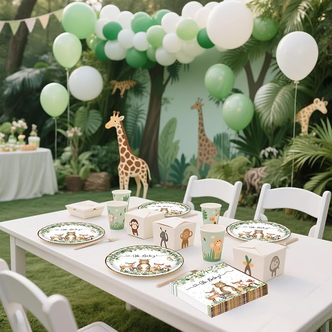 72PCS Woodland Baby Shower Plates and Napkins, Forest Animal Paper Plates and Napkins with Forks Disposable Tableware Set for Boys Girls Safari Jungle Animal Birthday Party Decorations
