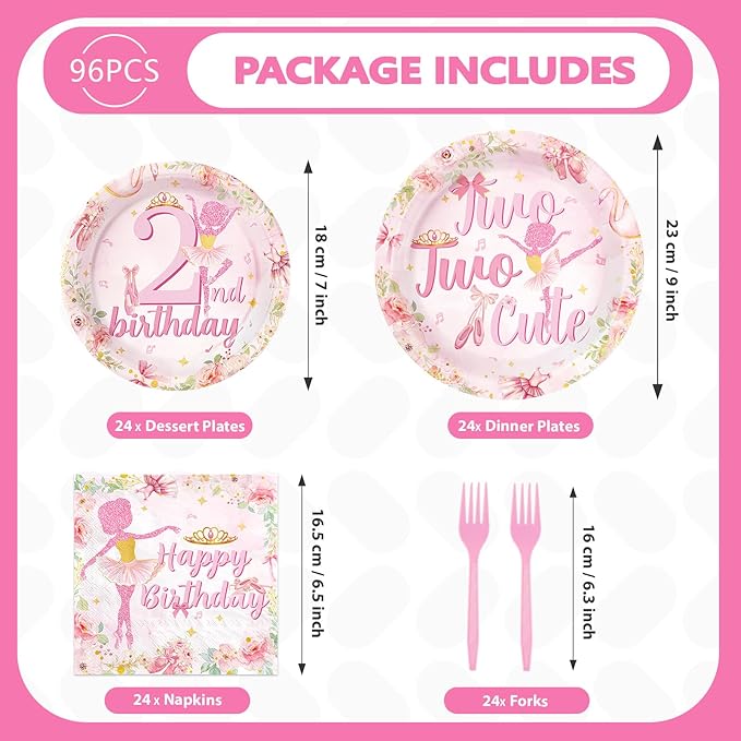 96Pcs Ballerina 2nd Birthday Party Supplies Pink Ballet Tutu Cute Birthday Plates and Napkins Tableware Set Ballerina Fairy Party Decorations for Girls Dancer Dancing Two Years Old Favors Serves 24 ﻿