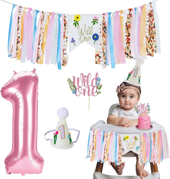 Wild Flower High Chair Banner for First Birthday Party Decoration Pink Floral Wild One High Chair Tassel Garland Banner for Girls Baby Shower Wildflower 1st Birthday Backdrop Decors Party Supplies