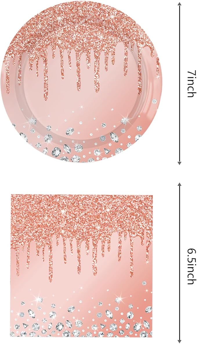 Pink Rose Gold Birthday Decorations, Dessert Plates and Napkins for Girls - Disposable Party Favors (20 Plates and 20 Napkins)