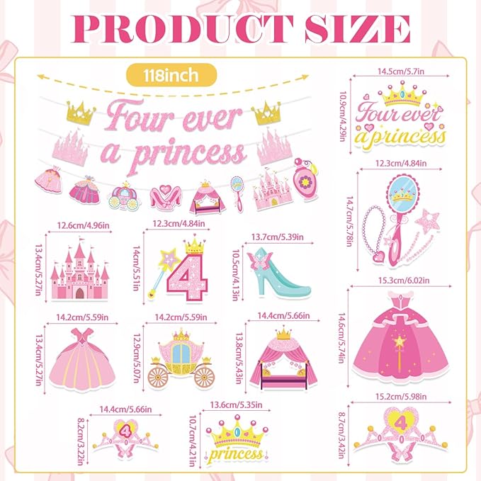 Princess 4th Birthday Party Decorations for Girls Include Four Ever a Princess Glitter Banners Hanging Swirls Honeycomb Centerpieces Pink Fourever Theme 4 Years Old Birthday Party Supplies
