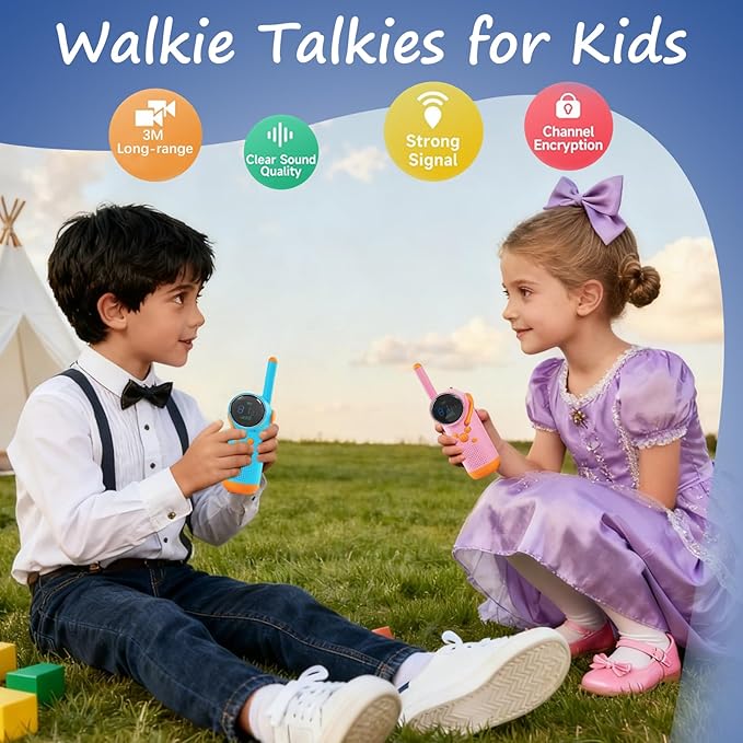 KOOMTOOM Walkie Talkies for Kids,2 Pack Rechargeable Walkies Talkies with LCD Flashlight & Alarm Clock,3 Miles Long Range for Boys and Girls(Blue+Pink)