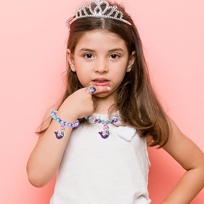 Girls Mermaid Necklace, Bracelet, Ring Set - Dress Up Pretend Play Jewelry Gifts for Kids & Toddlers - Mermaid Party Costume Supplies